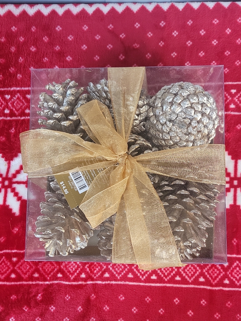 Pier 1 Gold Metallic Pinecone Decorative Filler with Sheer Ribbon